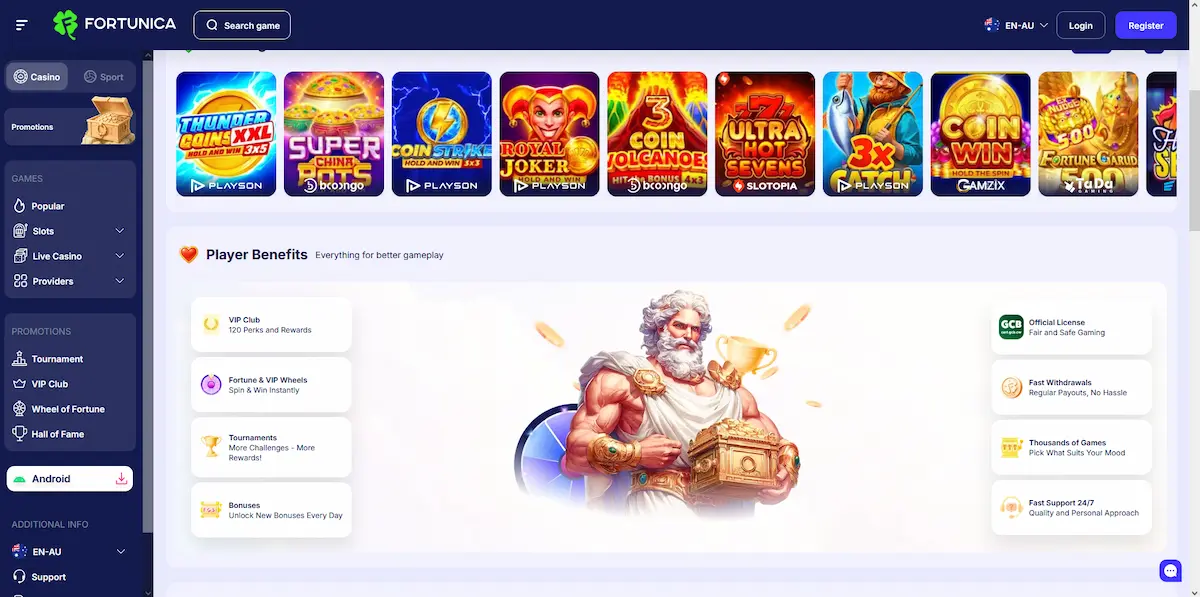 Fortunica Casino lobby showing the pokies catalogue and VIP club menu