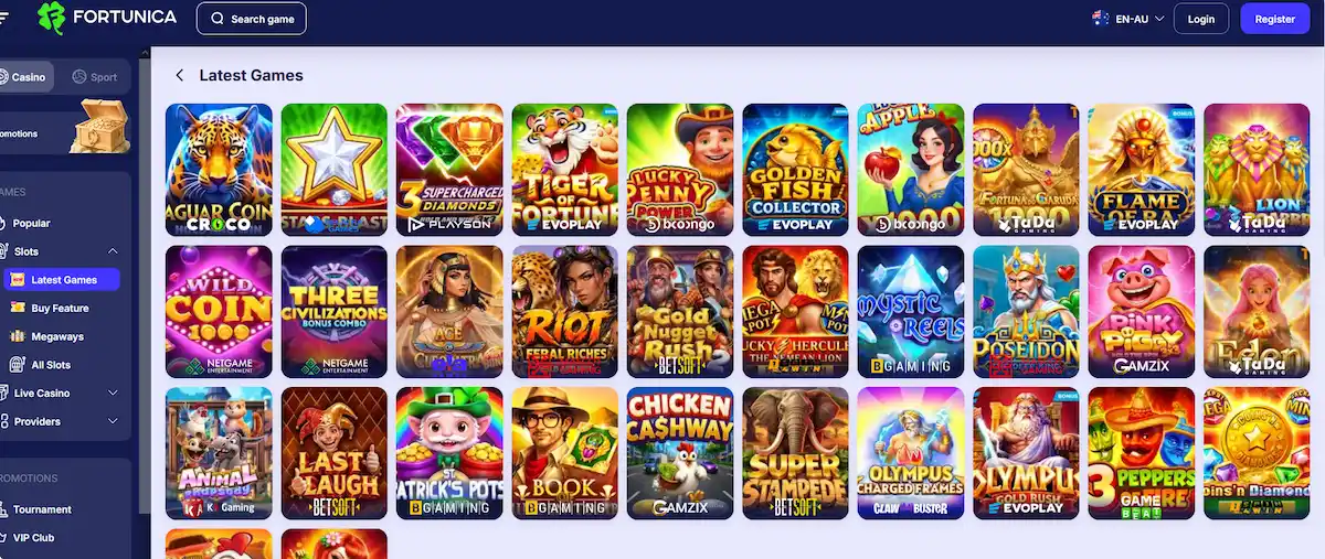 Fortunica pokies lobby with Booongo and Gamzix slot titles